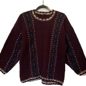 Wool Burgundy Chunky Knit Crew Neck Sweater with Colorful Stripes
